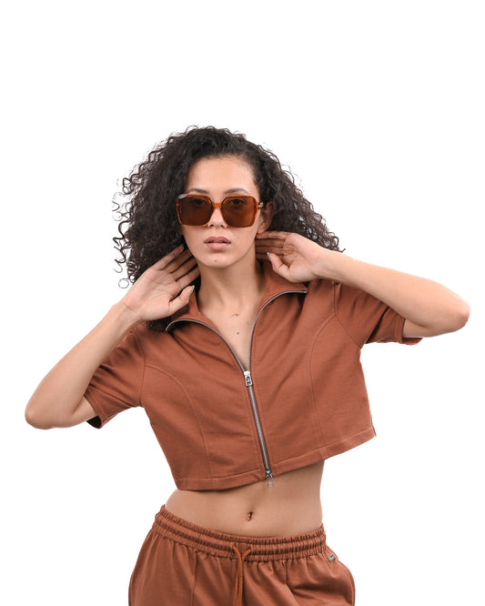Cropped Zip Up Top - Brown