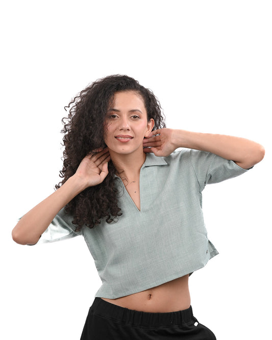 Green Boxy Crop Shirt