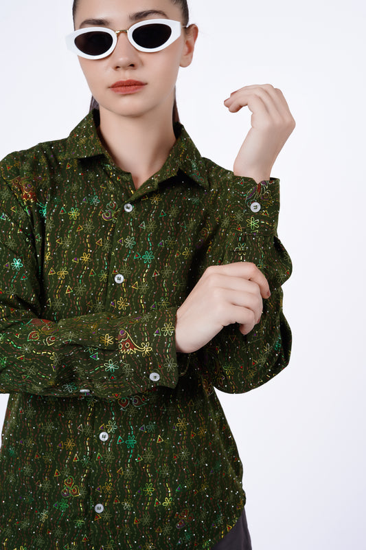 Olive Multi Print Statement Shirt