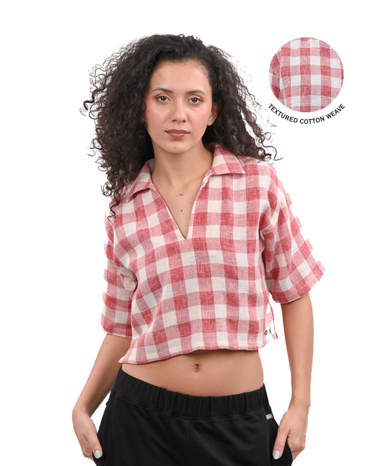 Red Ginghum Boxy Crop Shirt