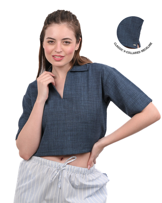 Blue Boxy Crop Shirt