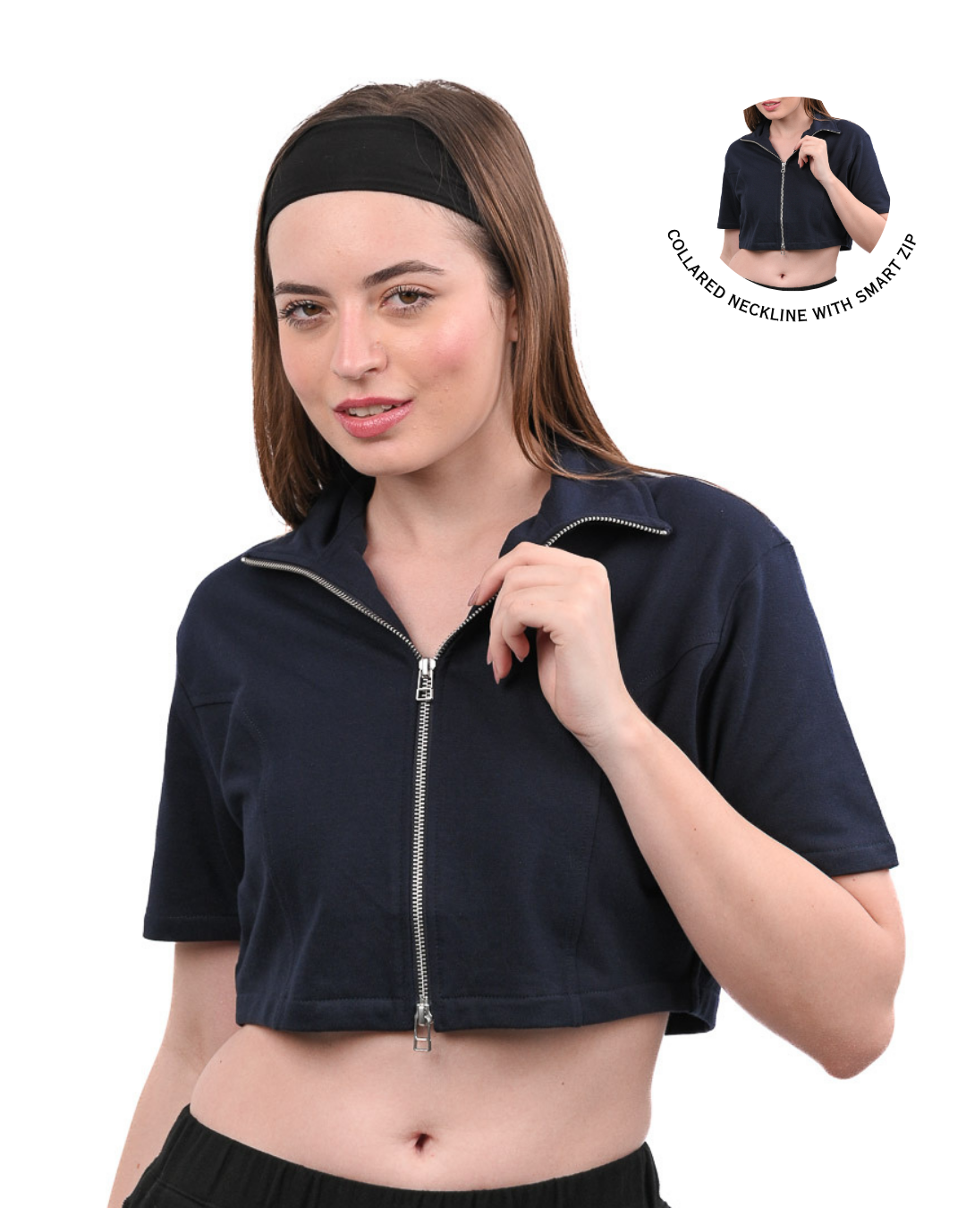 Cropped Zip Up Top - Navy