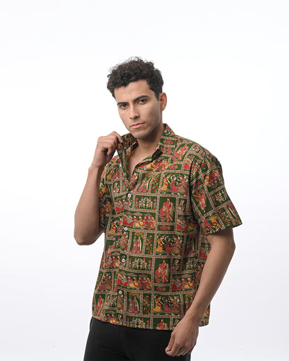 Heritage Folk-Art Narrative Shirt - Green
