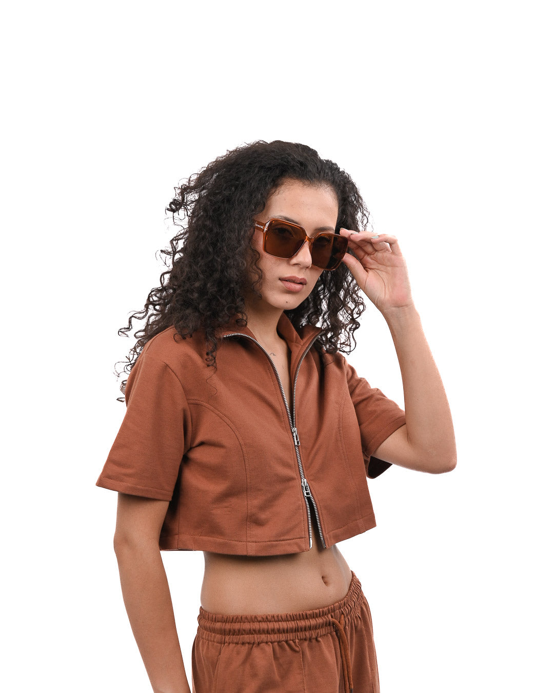 Cropped Zip Up Top - Brown