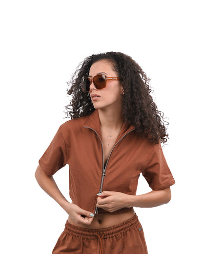 Cropped Zip Up Top - Brown