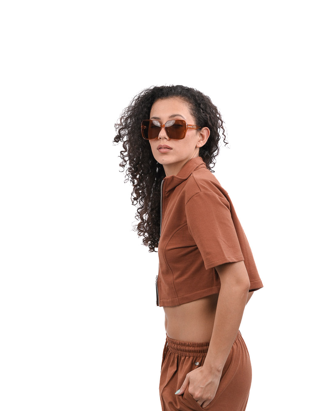 Cropped Zip Up Top - Brown