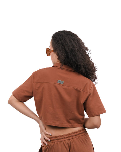 Cropped Zip Up Top - Brown