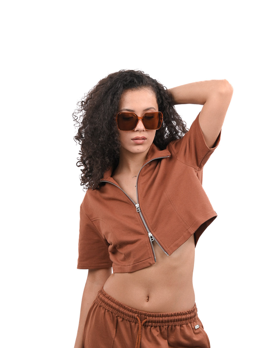 Cropped Zip Up Top - Brown
