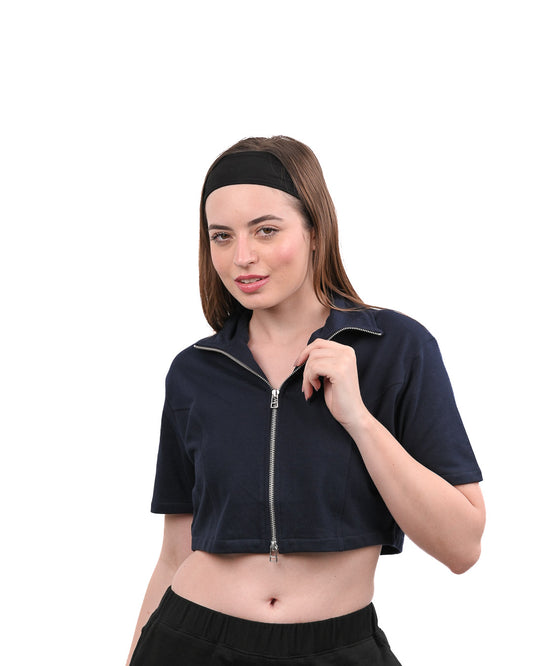 Cropped Zip Up Top - Navy