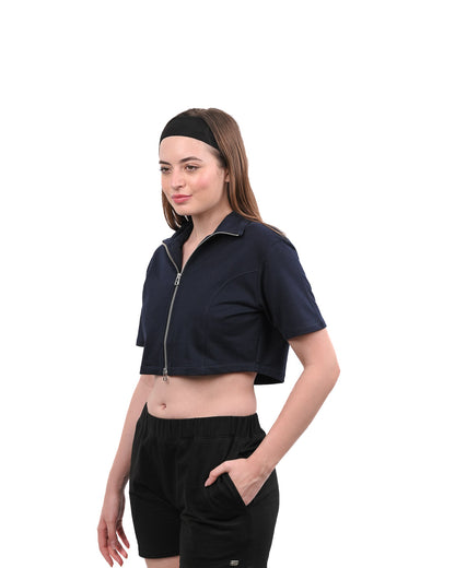Cropped Zip Up Top - Navy