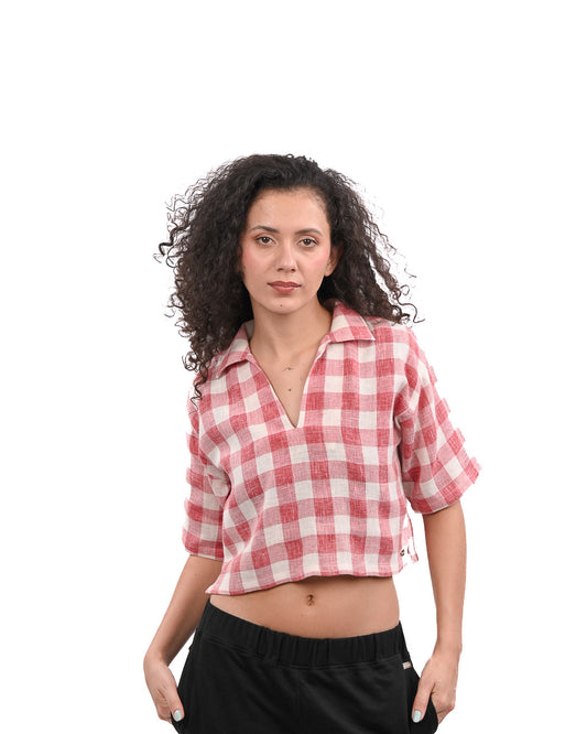 Red Ginghum Boxy Crop Shirt