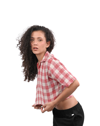 Red Ginghum Boxy Crop Shirt