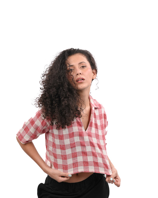 Red Ginghum Boxy Crop Shirt