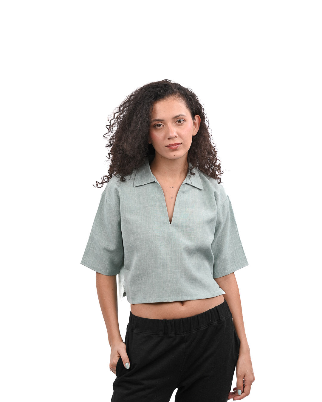 Green Boxy Crop Shirt