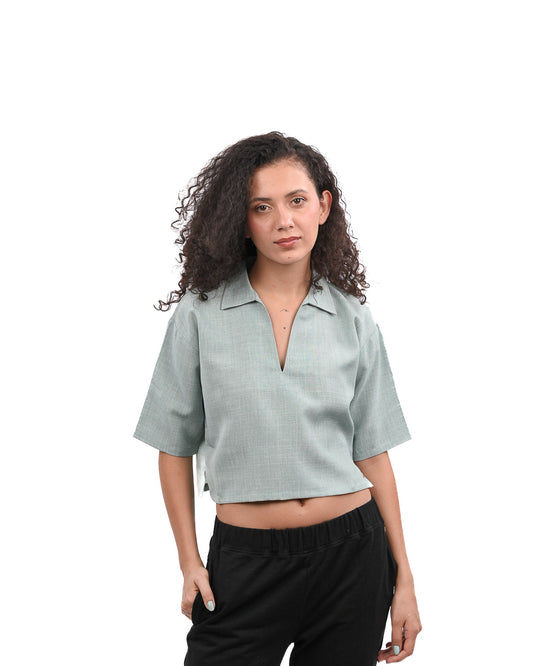 Green Boxy Crop Shirt