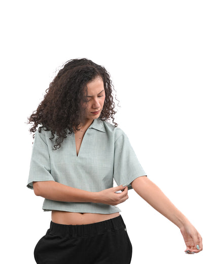 Green Boxy Crop Shirt