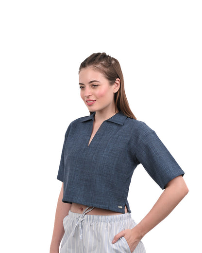 Blue Boxy Crop Shirt