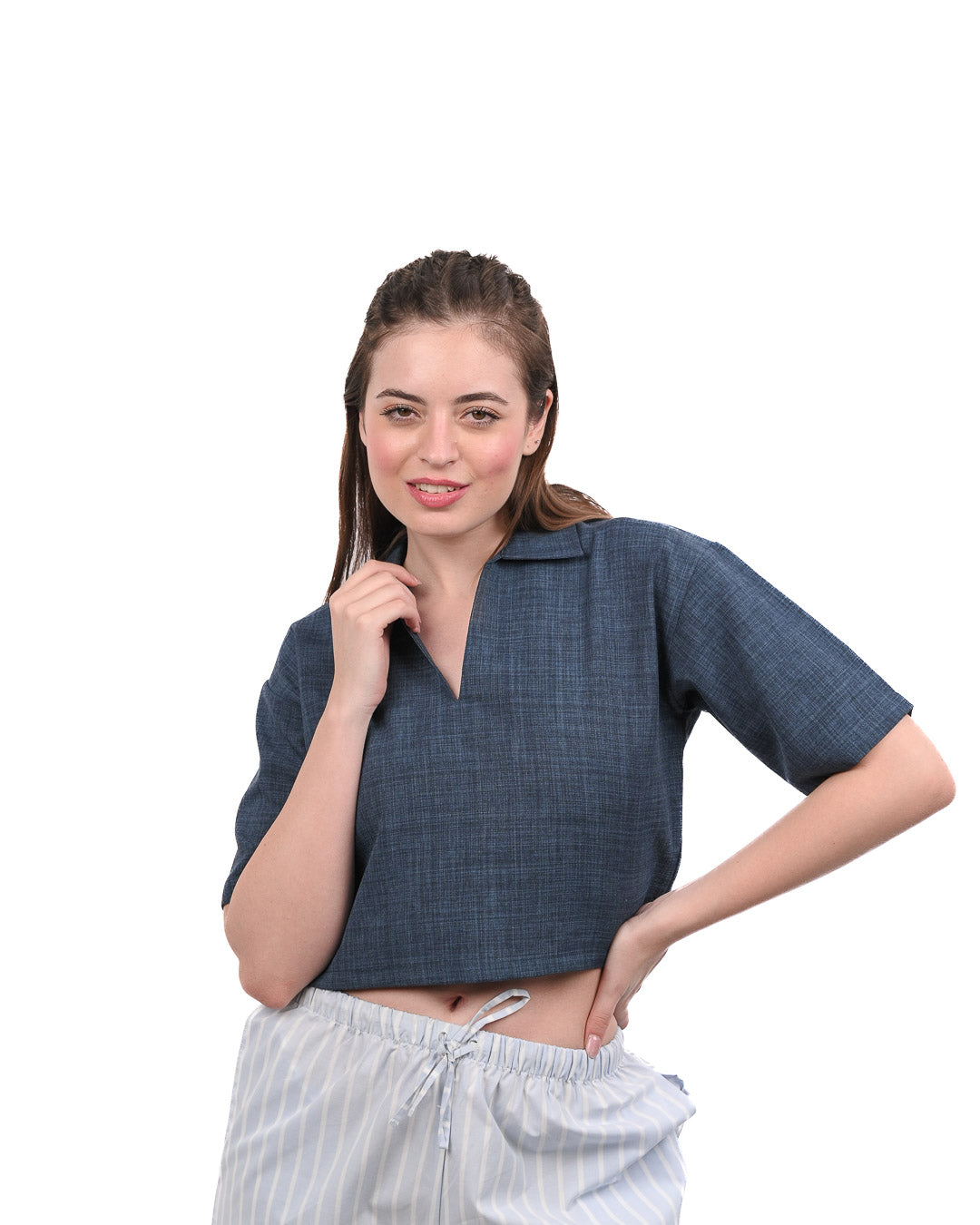 Blue Boxy Crop Shirt