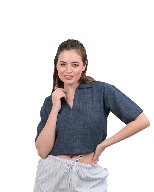 Blue Boxy Crop Shirt