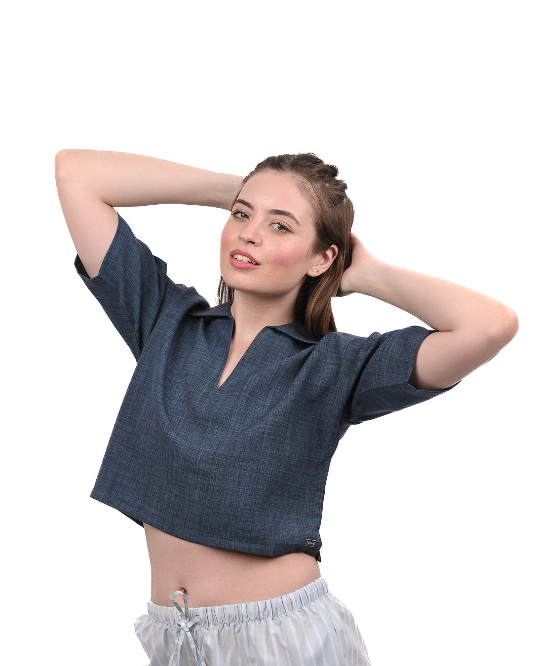 Blue Boxy Crop Shirt