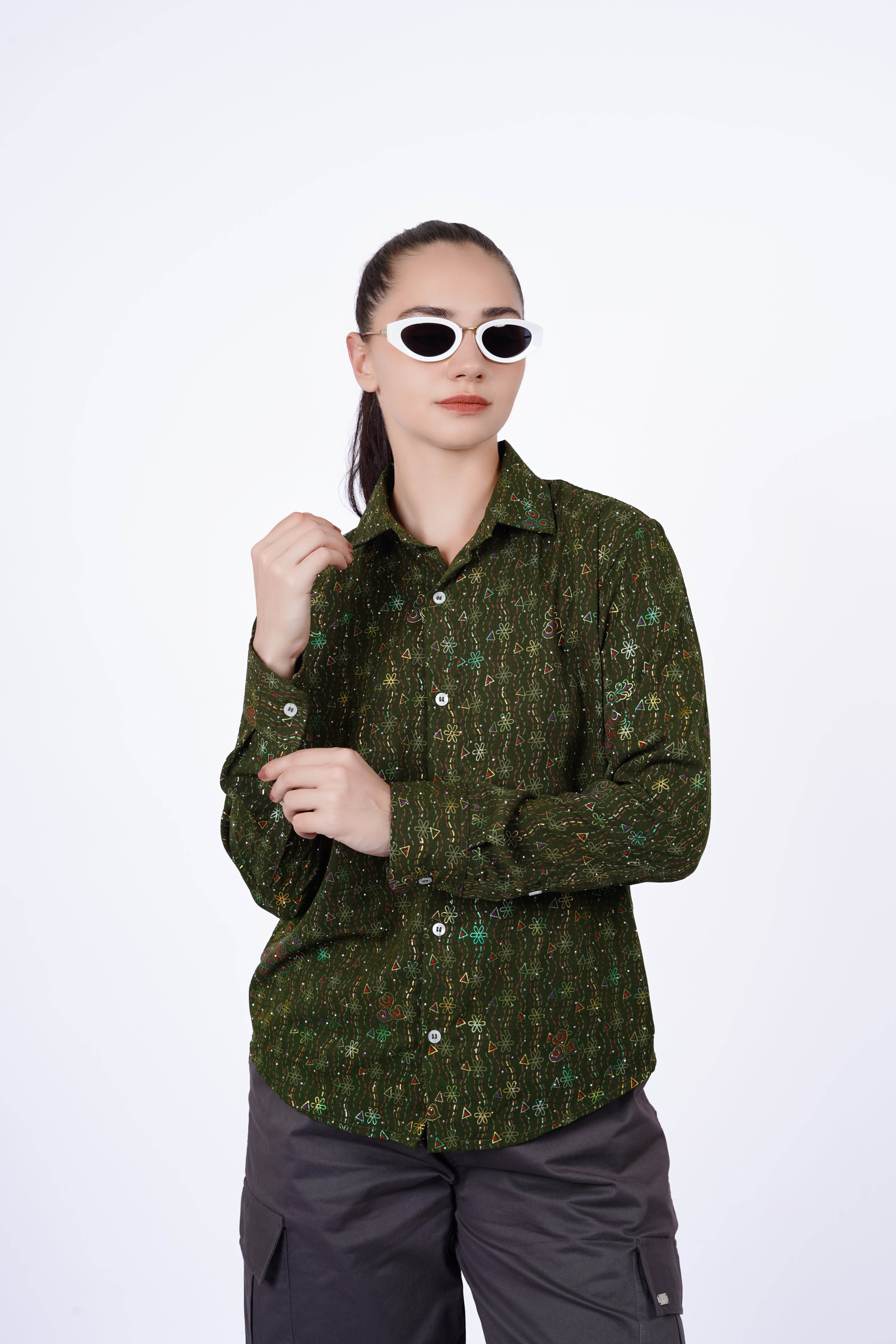 Olive Multi Print Statement Shirt