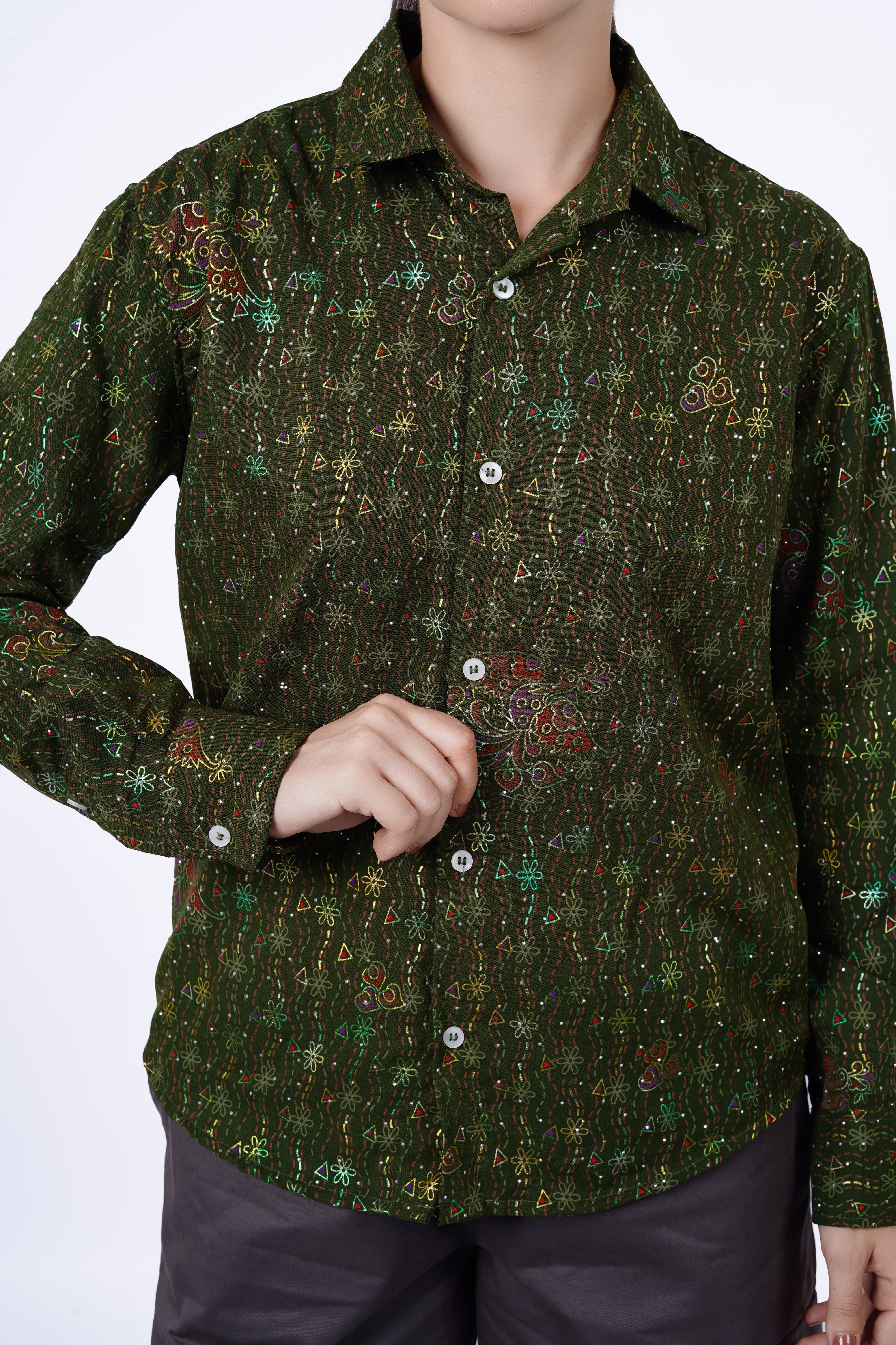 Olive Multi Print Statement Shirt