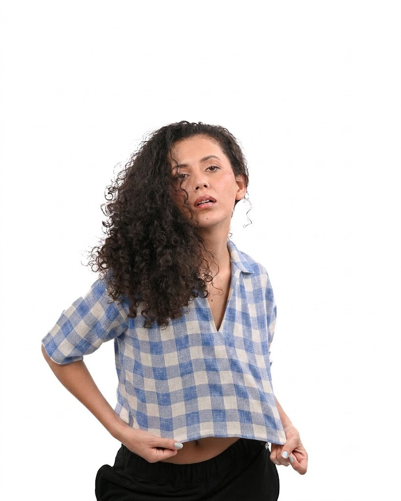 Sky Check Boxy Crop Shirt
